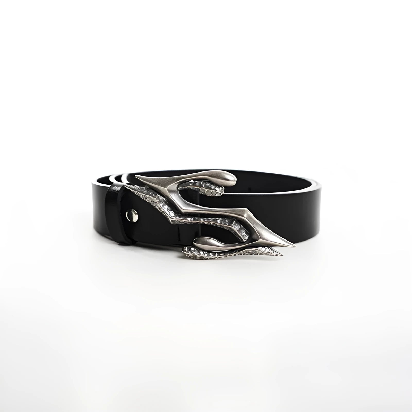 Black men's leather belt with a metal letter buckle, showing the two-layer cowhide construction.