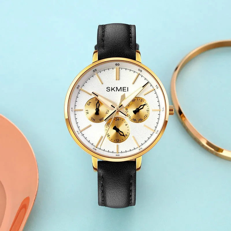 Women's genuine leather retro round quartz watch with six-pin design and 38mm dial on a rose gold case