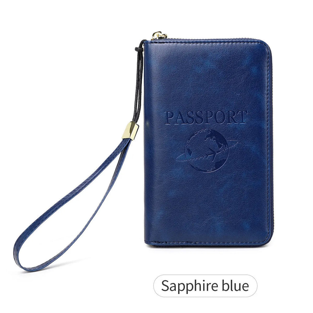 Brown PU travel document wallet with zip, open to show credit card slots and passport space.