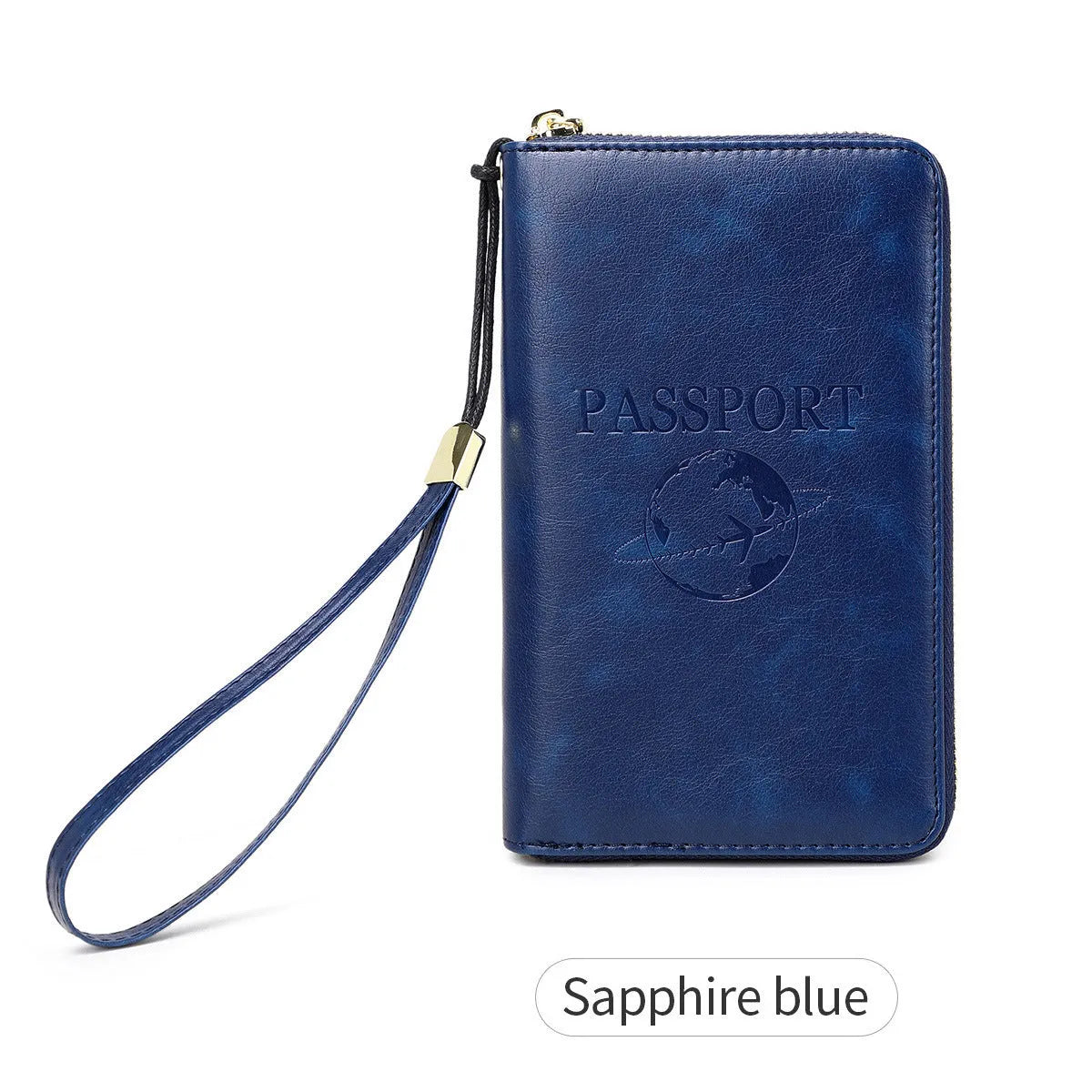 Brown PU travel document wallet with zip, open to show credit card slots and passport space.