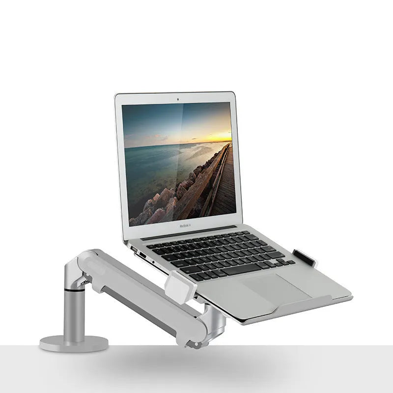 Silver aluminium alloy hover notebook air pressure arm bracket holding a laptop