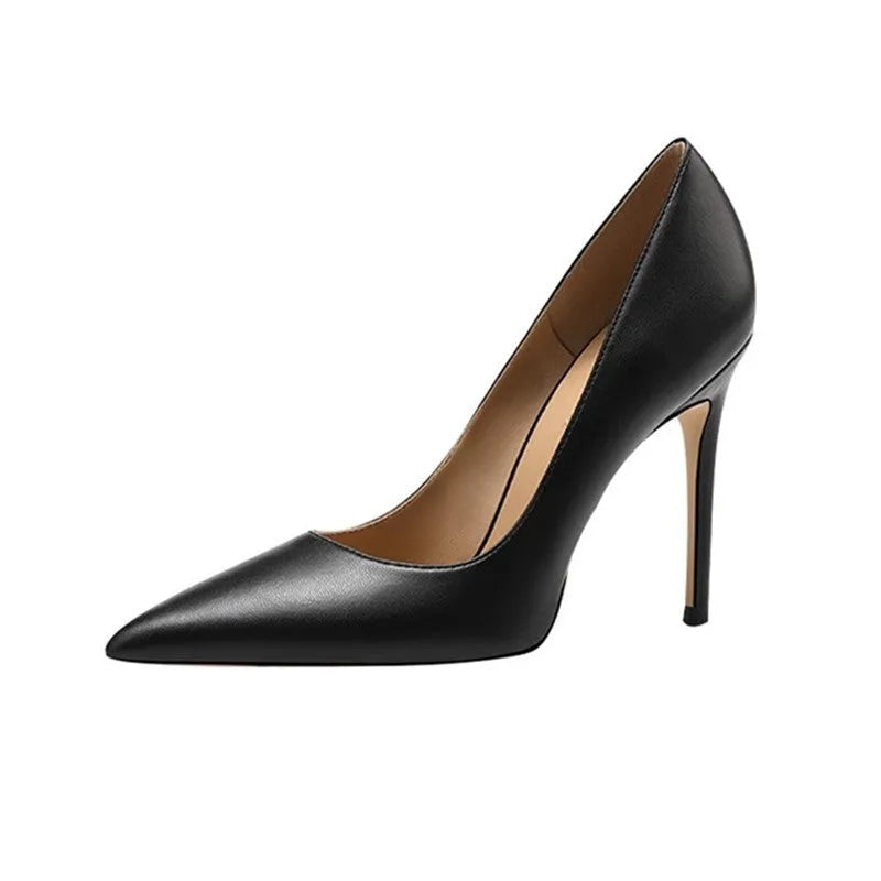 Black pointed-toe stiletto high heel pump shoes for wide feet on a plain background.