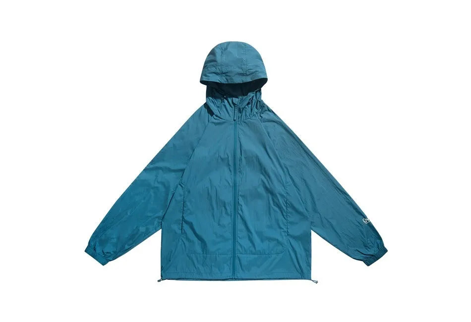 Men's thin hooded sports coat in chemical fibre blend on a hanger.