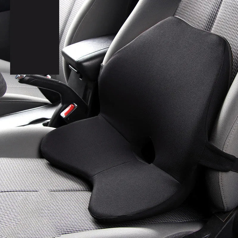 Car lumbar support cushion with memory foam, shown in beige colour, alongside a matching headrest option.