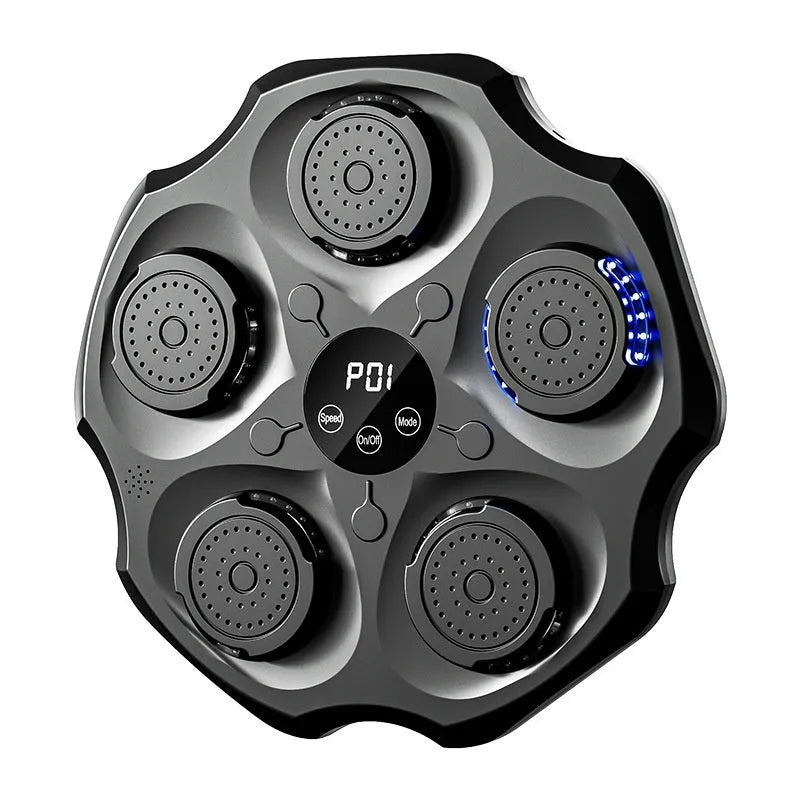Black Bluetooth music boxing wall target hanging on wall with boxing gloves.