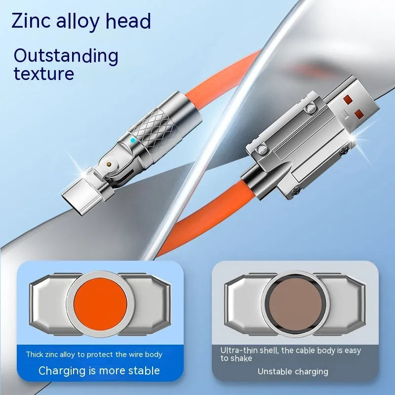 Orange mobile game charging cable with rotating elbow design showing Lightning, Micro USB and Type-C connectors