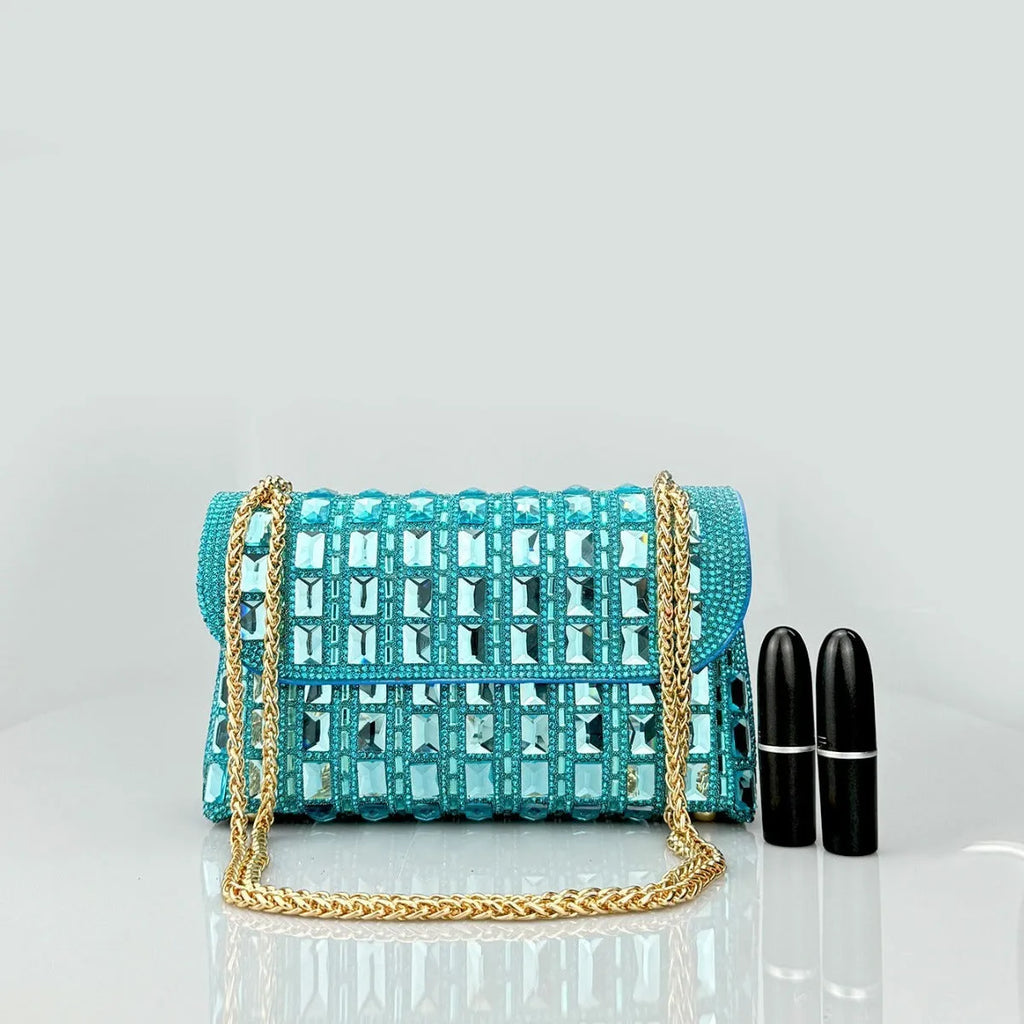 Glass rhinestone chain clutch handbag in horizontal square shape with retro styling and chain strap