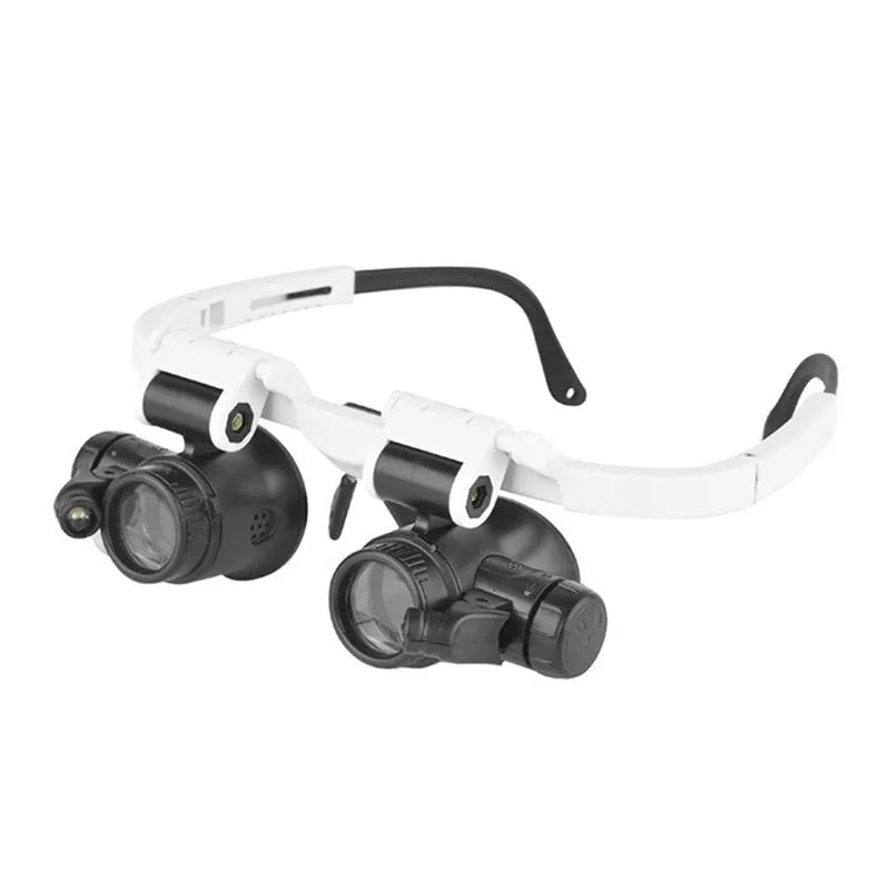 White head-mounted magnifying glass with LED light, shown folded and unfolded for watch repair work.