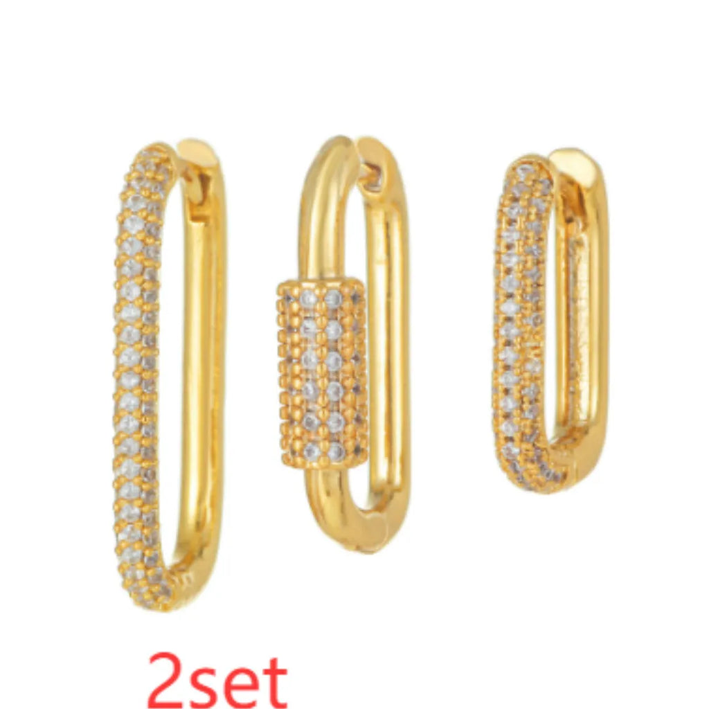 Geometric ear clip three-piece set with micro inlaid zircon detailing in gold or white finish