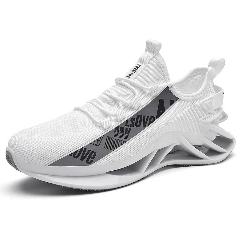Men's black fly woven mesh casual exercise shoes with embroidery detail on a white background.
