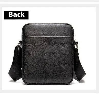 Men's black genuine leather shoulder bag with sewing thread detail, standard size