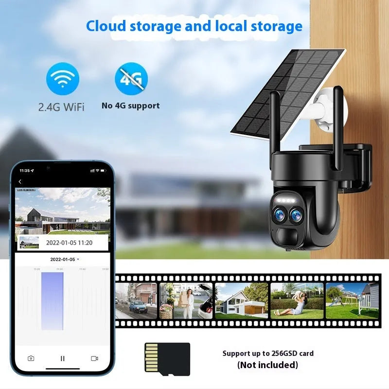 Solar-powered security camera with optical zoom lens for outdoor surveillance