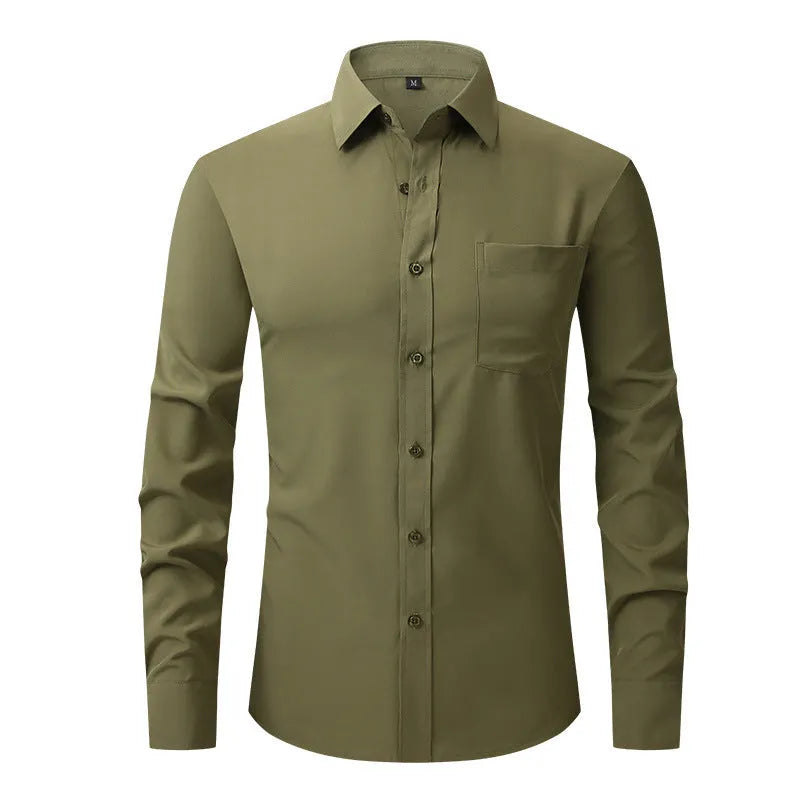 Casual long sleeve business blouse for men, 40-thread polyester, Pearl White colour, front view flat lay.
