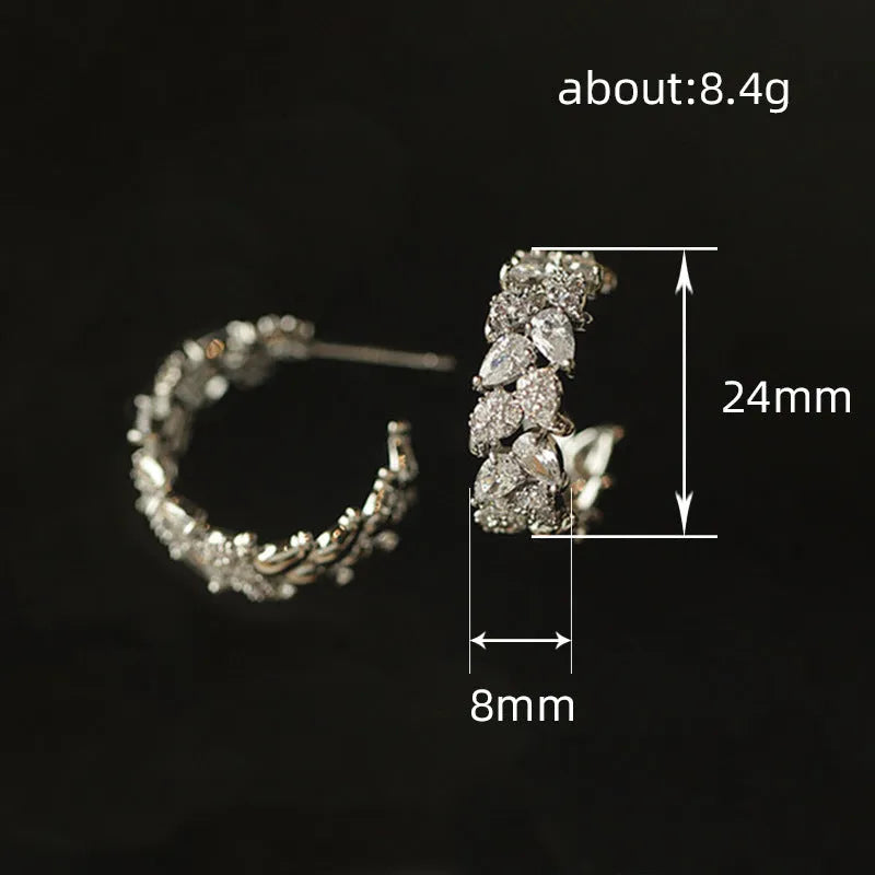 Women's copper earrings in white gold colour with inlaid zircon and wheat leaf design