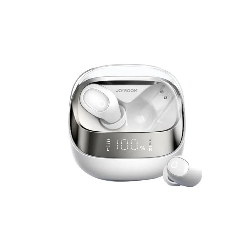Beige wireless in-ear Bluetooth headphones with charging case on a table