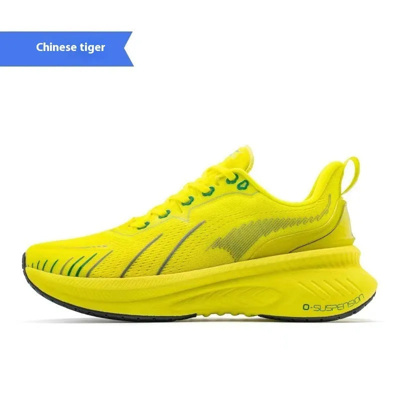 Low-top running sneakers with embroidered detail on a breathable mesh upper and rubber sole.