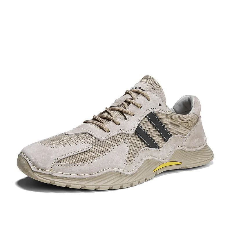 Men's sand coloured pigskin hiking boots with platform sole and lace-up front