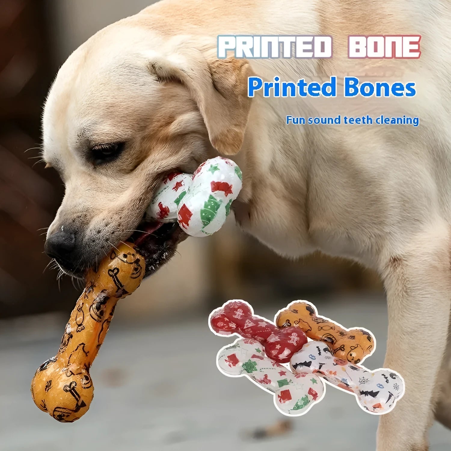 Printed bone-shaped TPR dog toy with squeaker in Christmas red colour