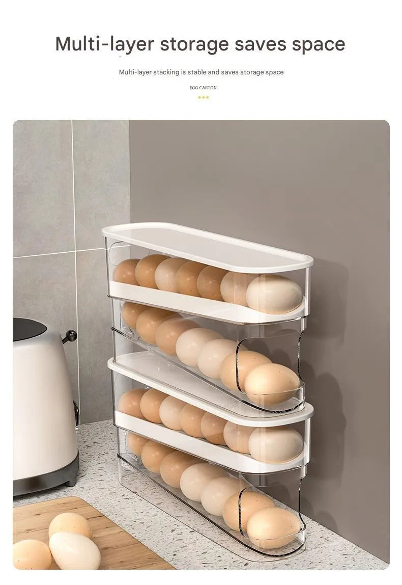 White plastic slide-out egg tray for refrigerator door with automatic dispenser and clear view window.