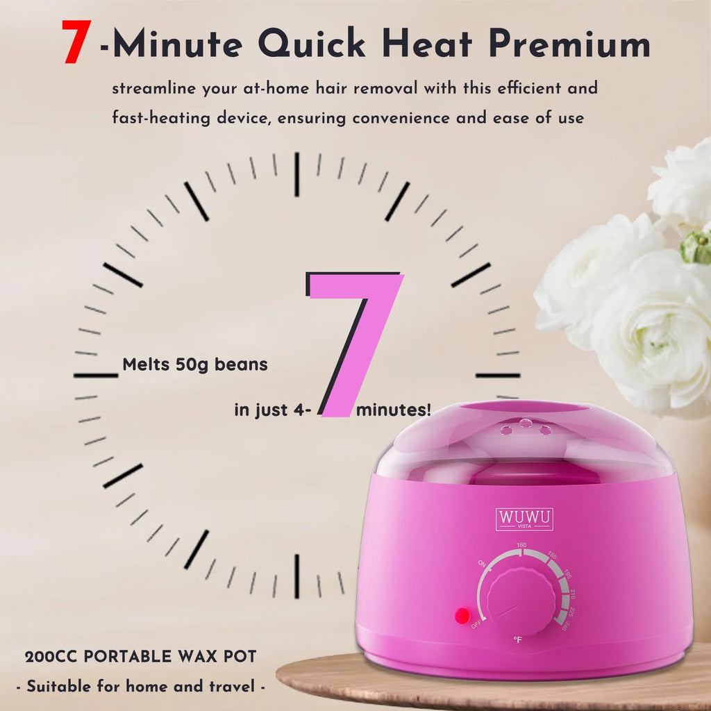 Black and pink hard wax kit with warmer, wax beans, sticks, lotion, and ice masks for body hair removal.