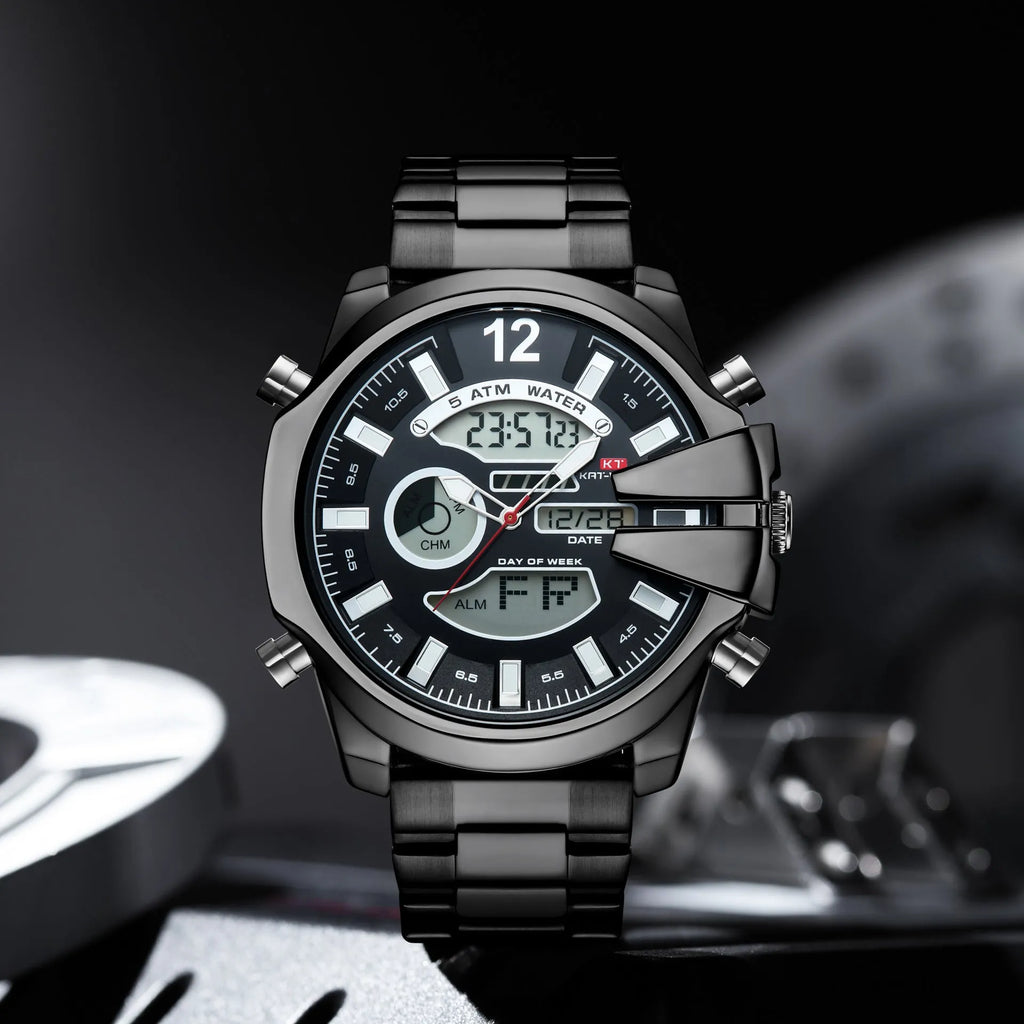 Men's double display LED sports watch with alarm, 30m water resistant, stainless steel strap, 55mm round dial, black colour