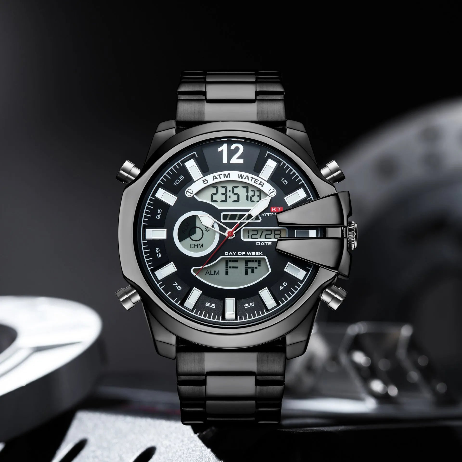 Men's double display LED sports watch with alarm, 30m water resistant, stainless steel strap, 55mm round dial, black colour