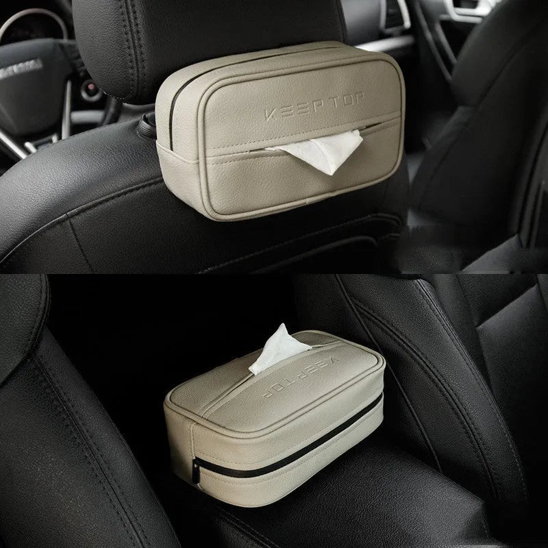 Black PU leather car hanging storage box with adjustable divider shown open.