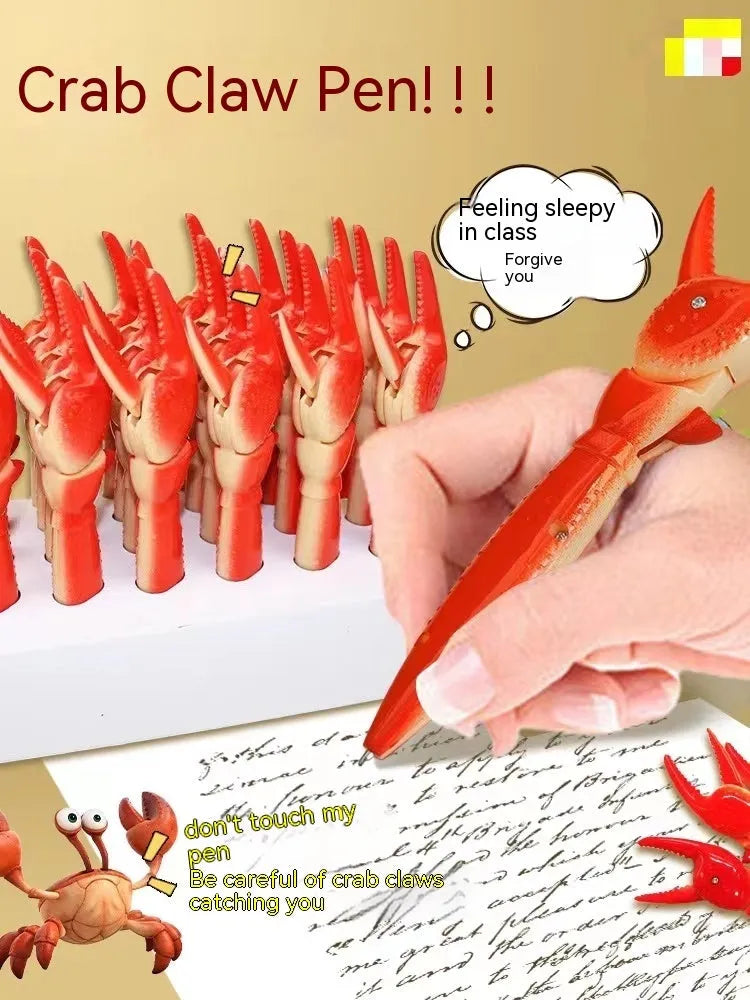 Creative ballpoint pen with a blue plastic crab clip that can be pressed as a fidget toy.