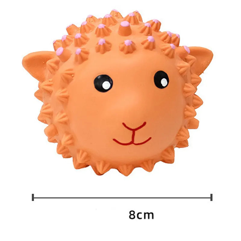 Orange and yellow spiky latex squeaky dog toy for small medium breeds.