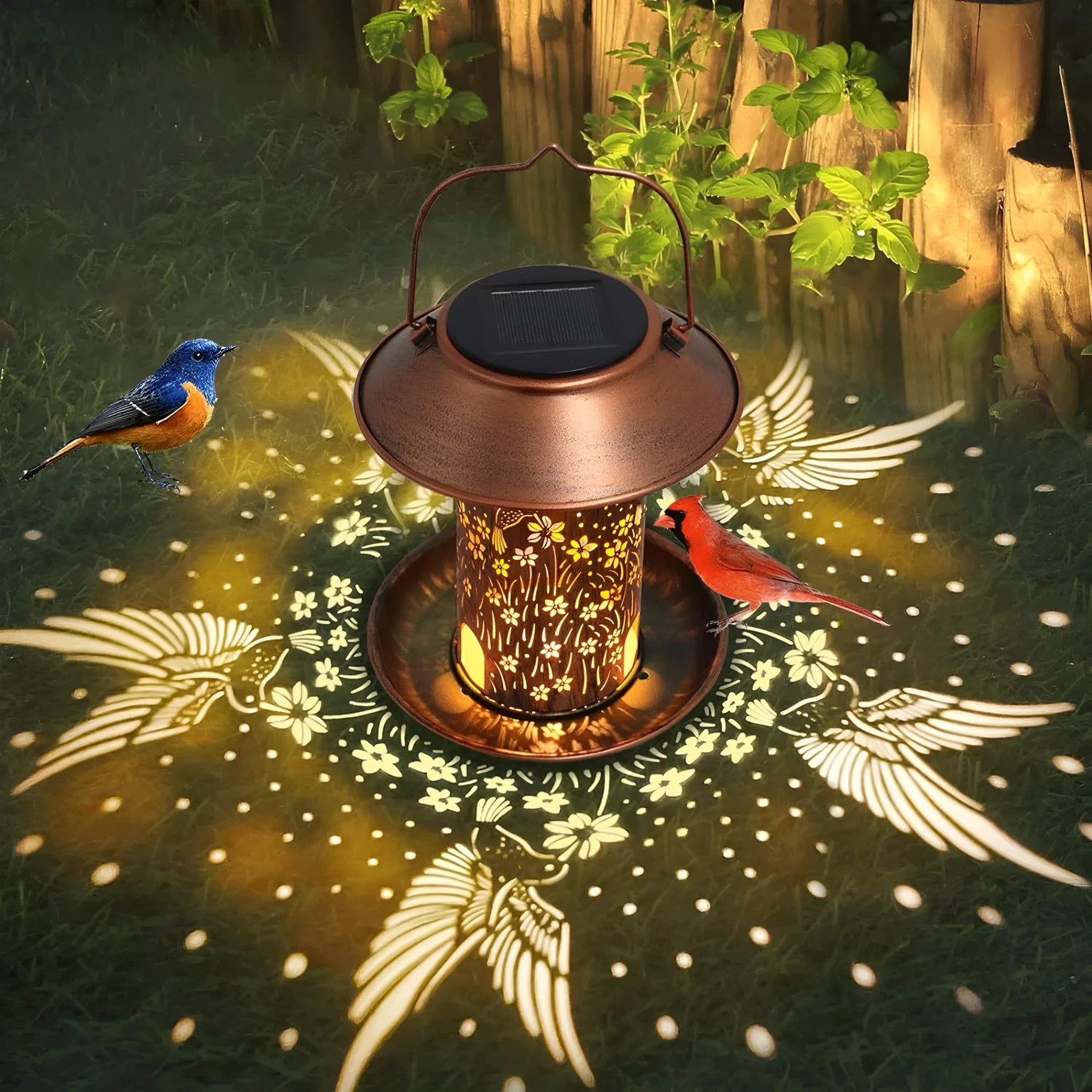 Solar-powered iron art hummingbird bird feeder lamp for outdoor garden lighting