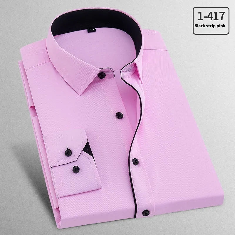 Men's white flax linen business shirt showing pink diagonal pattern and red plain colour options.