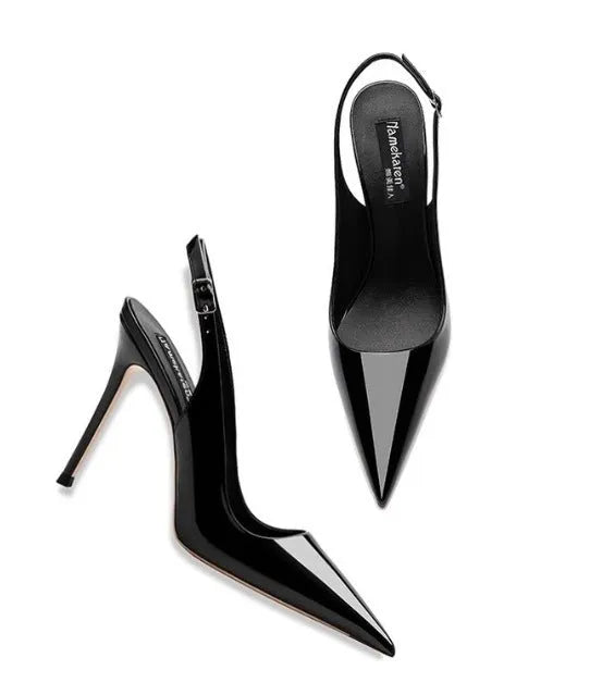 Women's nude ankle-strap high heels with hollow design and button fastening