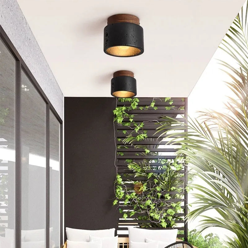 Chinese medieval style LED ceiling light with black cave stone shade, warm 3000K, for corridor or balcony