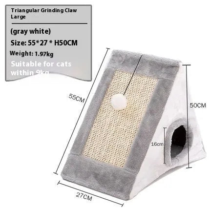 Triangle-shaped grey and white cat nest with integrated sisal scratching post.