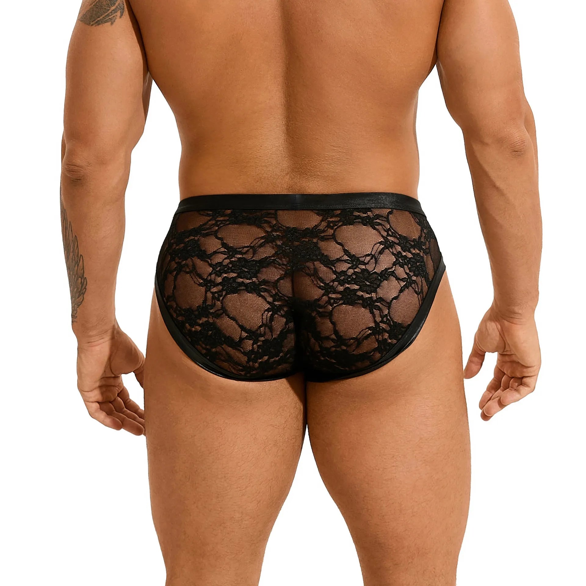 Black men's faux leather briefs with decorative stitching and lace trim.