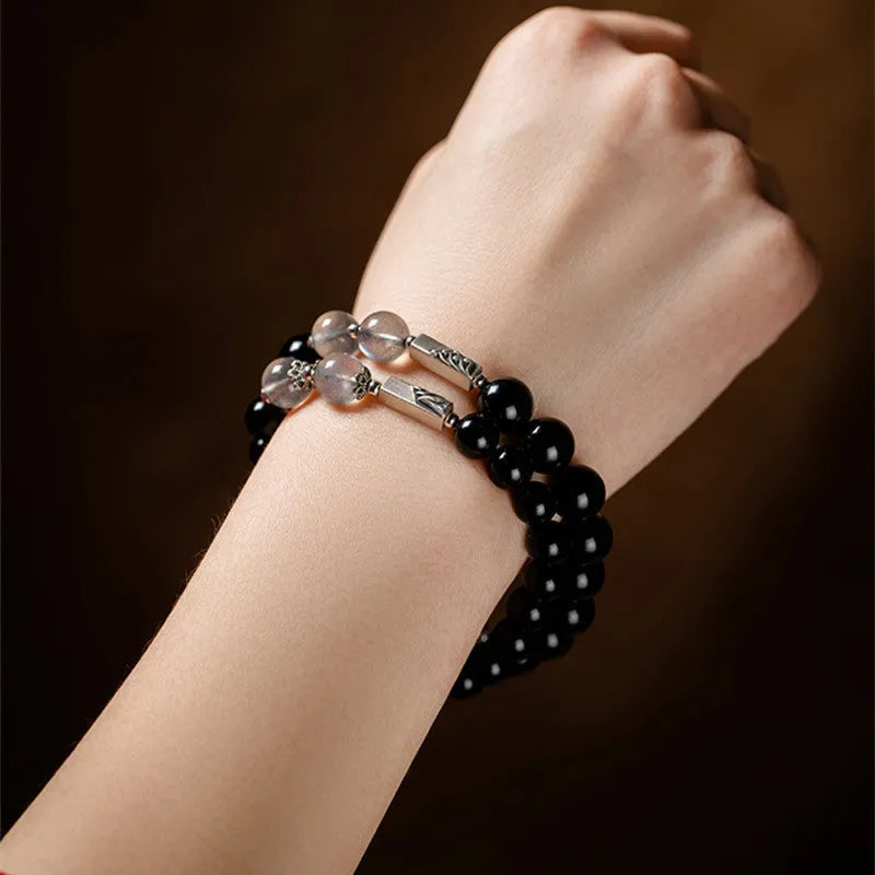 Black obsidian Buddha beads couple bracelet DIY set with 8mm and 10mm beads