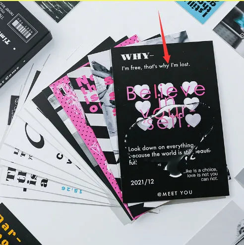 Set of two creative printed postcards with 'Fresh' and 'Time Not Arrived, Warm Wind Not Exhausted' designs.