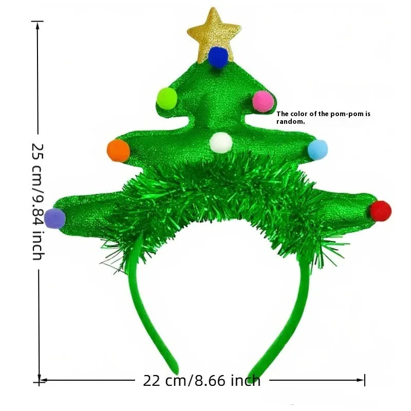 Cartoon Christmas headband party headdress handmade from polyester fibre with elk motif in a red fluffy ball cap style.