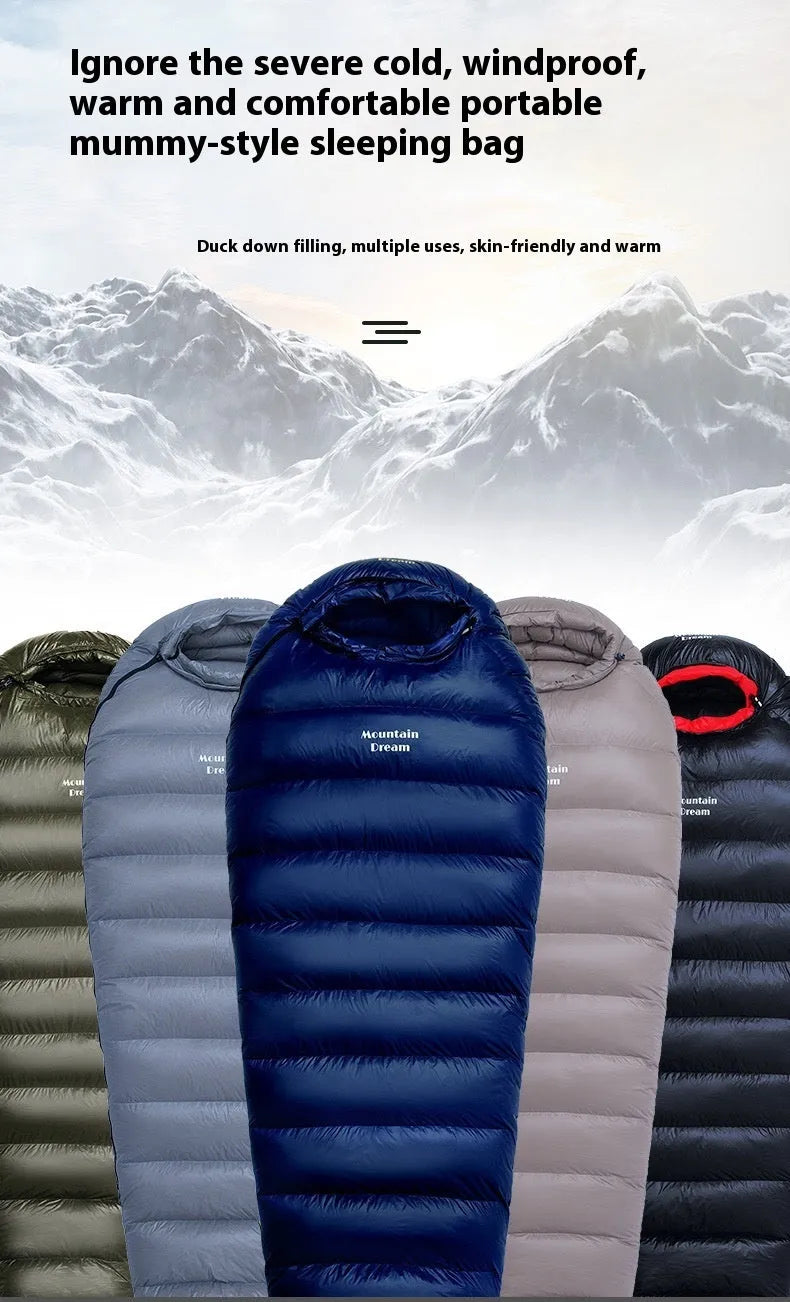 Ultralight mummy sleeping bag in army green colour with white duck down fill.
