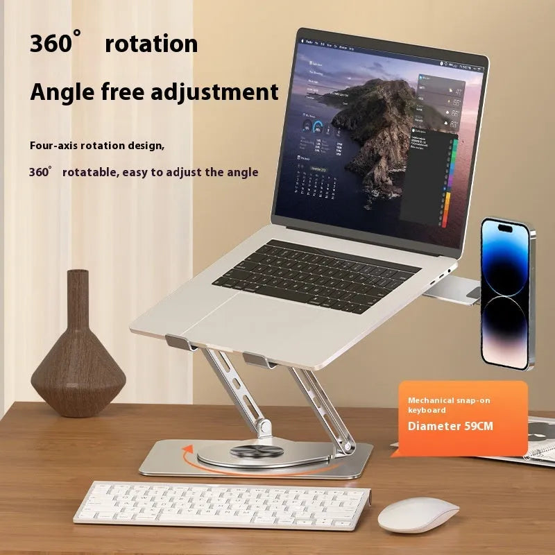 Silver carbon steel laptop stand with rotating base and attached magnetic phone holder