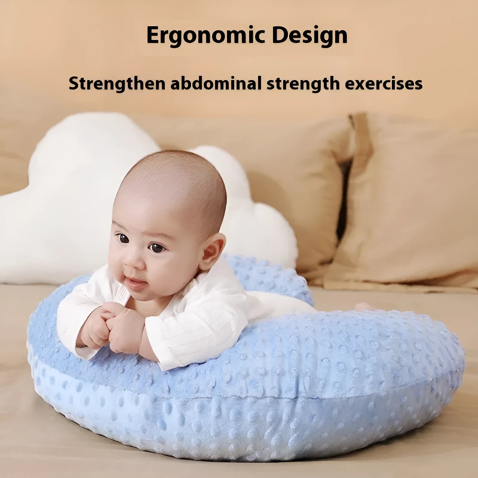 Gray U-shaped nursing pillow with removable cover on a neutral background.