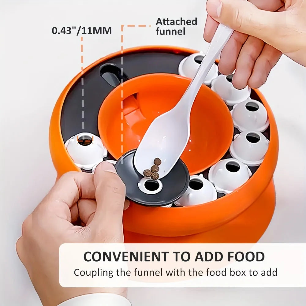 Orange or pink interactive cat slow feeder puzzle bowl with 15-degree tilt
