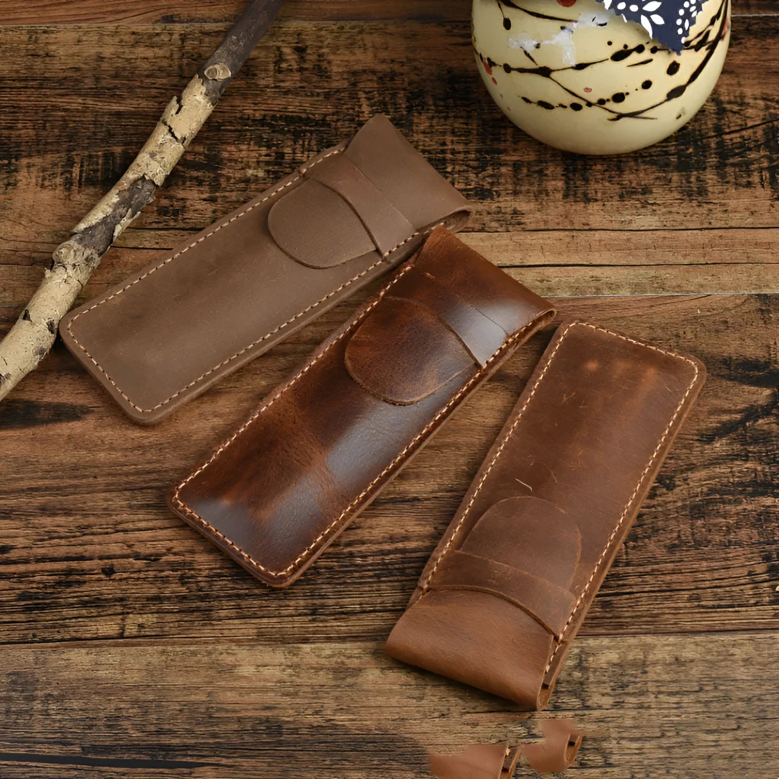 Square vintage pencil case made from Crazy Horse leather measuring 16cm by 6cm