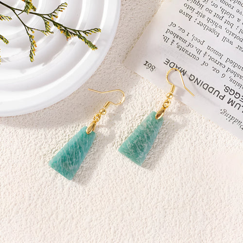 Amazonite trapezoid geometric earrings with rough stone cut in gold and silver metal options