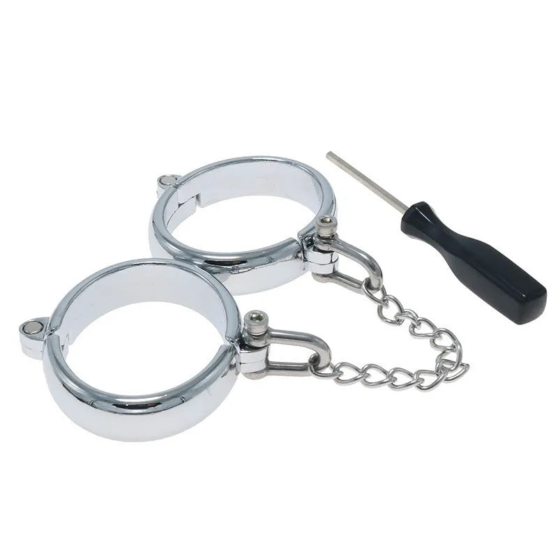 Silver zinc alloy handcuffs and footcuffs set with stainless steel bracelet for adult novelty use