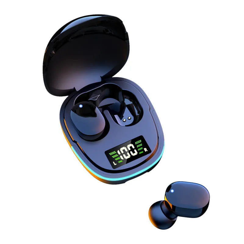 Black true wireless Bluetooth in-ear headphones and charging case with digital display.