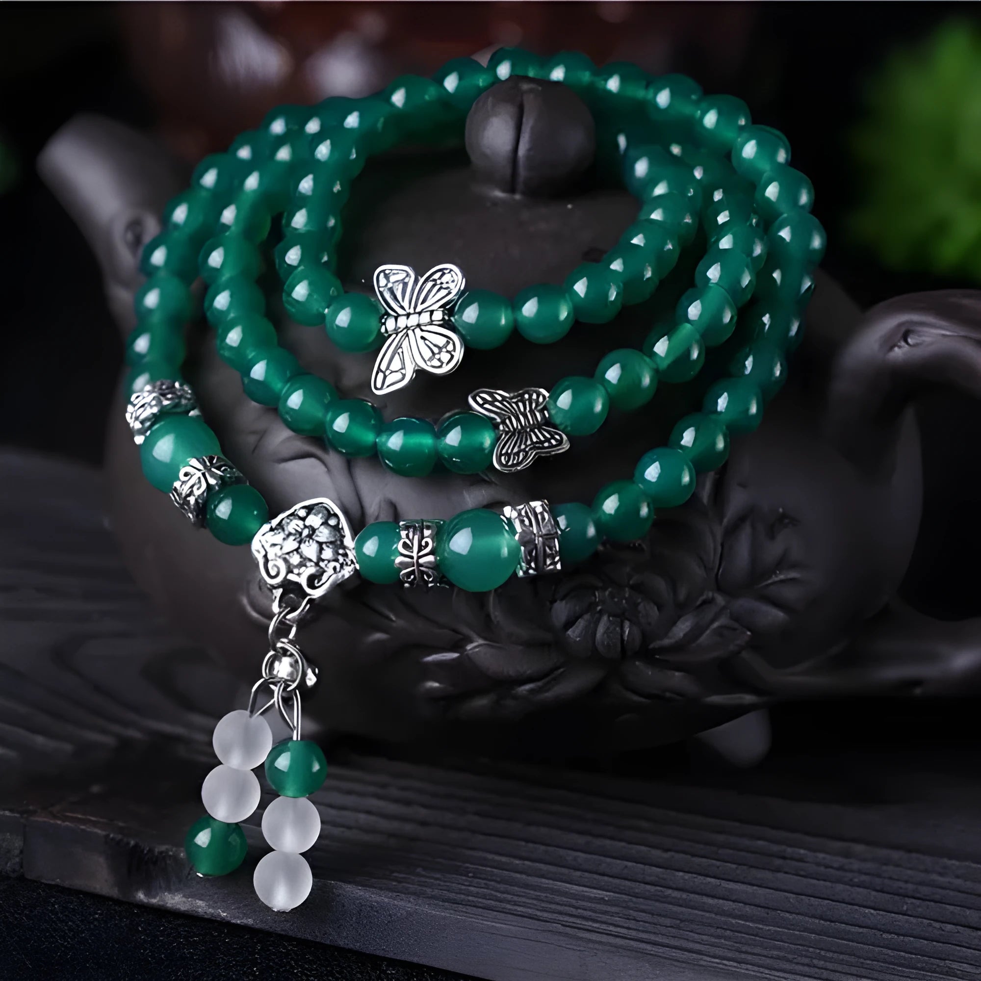 Green agate multi-layer bracelet with 6mm beads on chain design