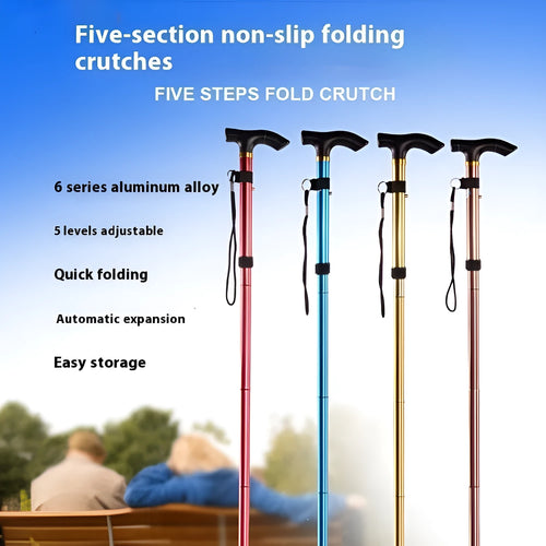 Aluminium alloy folding walking cane with non-slip handle, shown in an adjustable length from 85 to 95 cm.