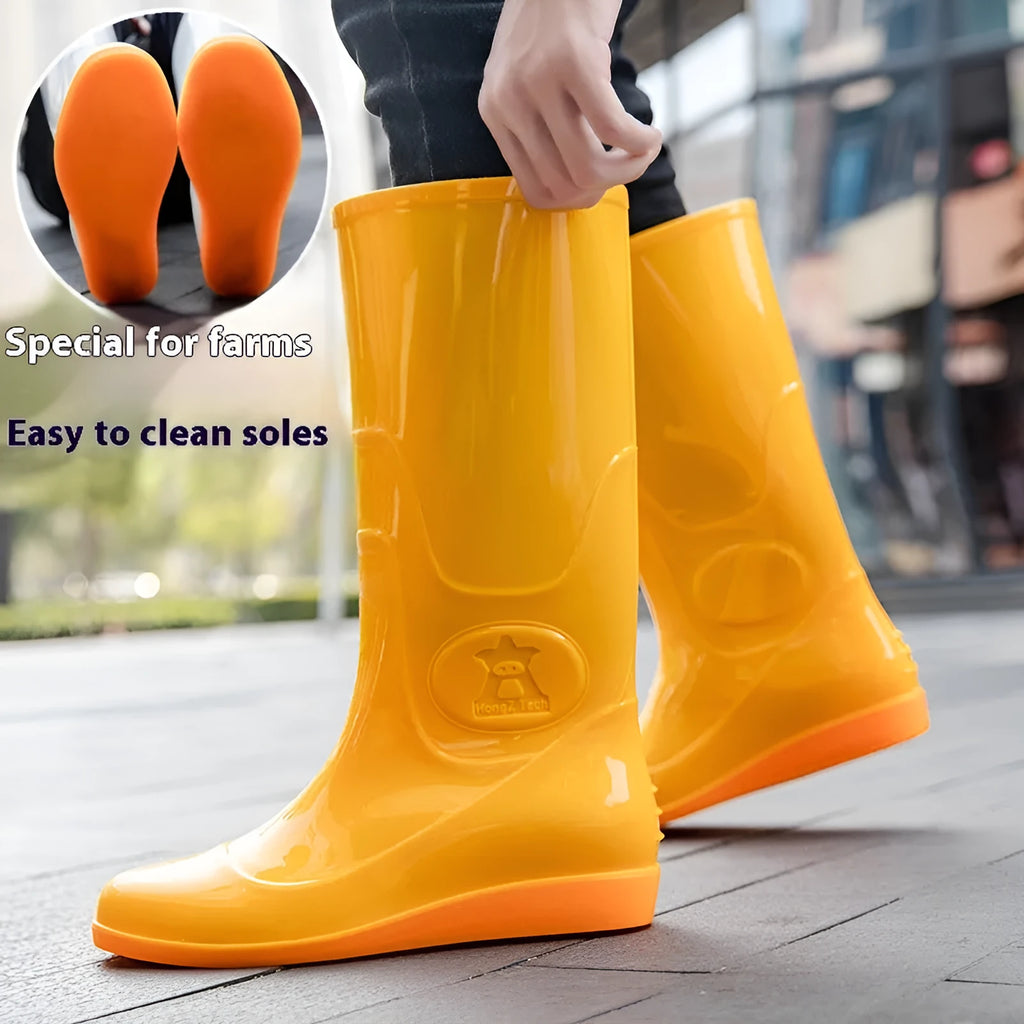 Men's white plastic high ankle rain boots with flat sole and round toe design
