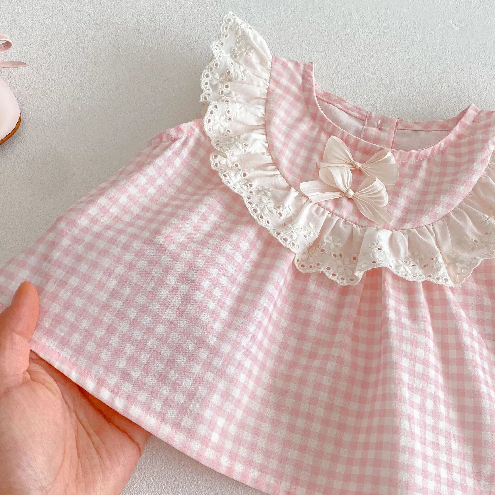 Girls cherry pink plaid cotton bowknot doll shirt and wide leg pants two-piece set